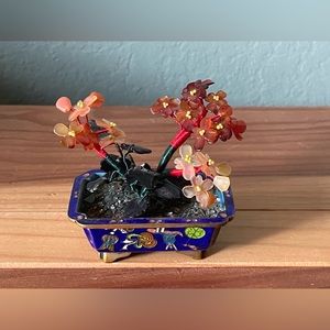 Chinese Stone flowers plant in cloisonne pot 3” Antique